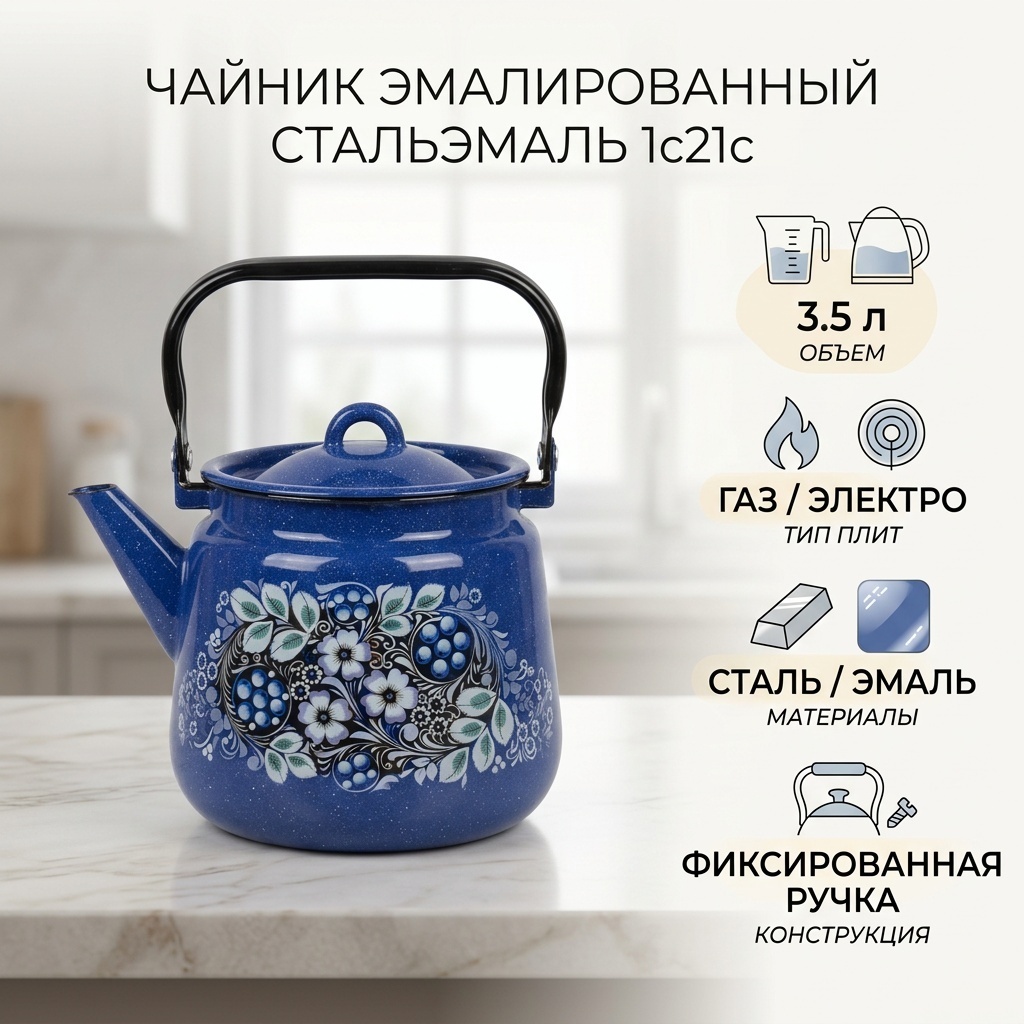 СтальЭмаль чайник 1с21с 3.5 л, сталь, эмаль