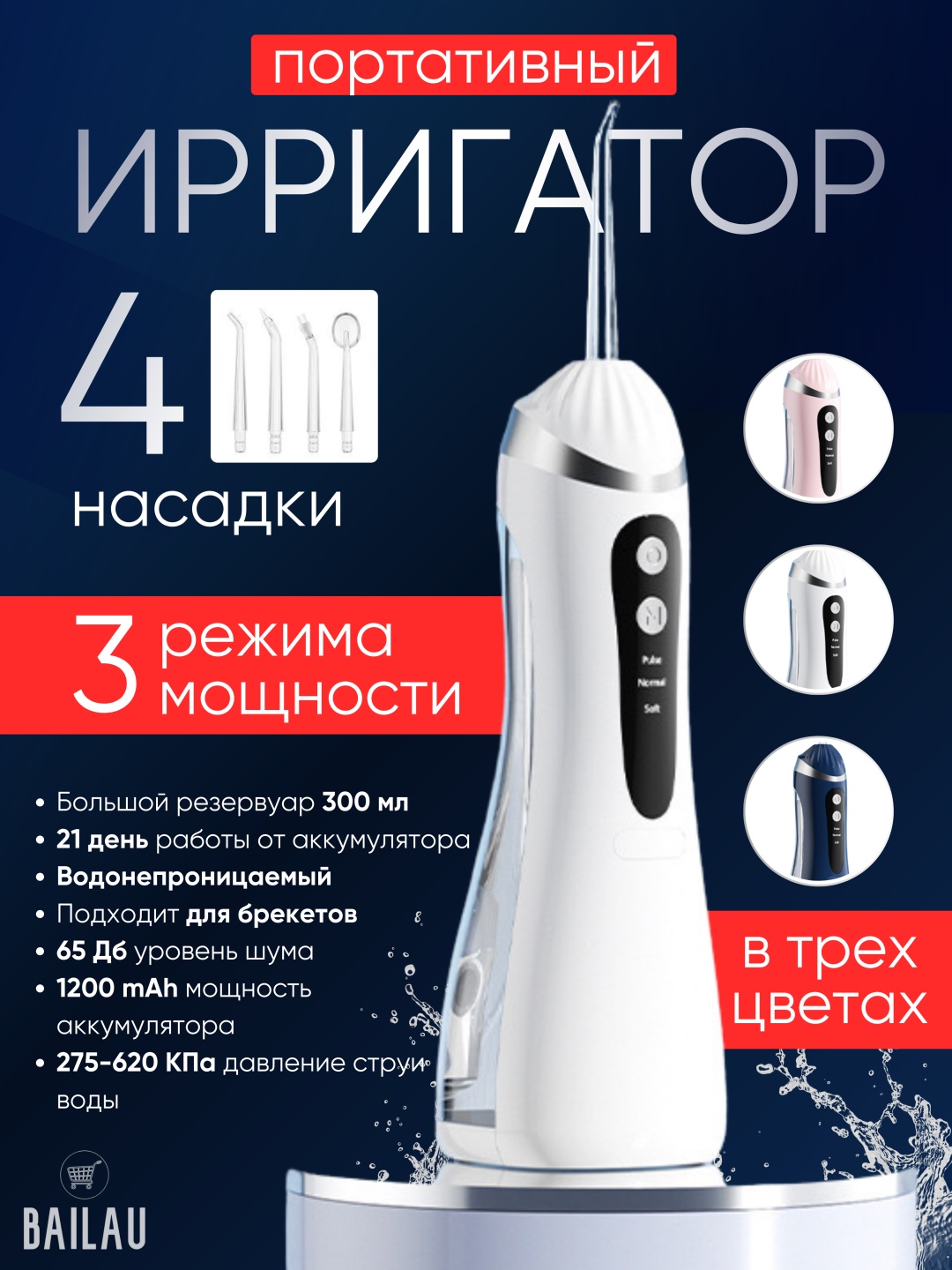 BAILAU ирригатор 6910086182665 импульсный, портативный