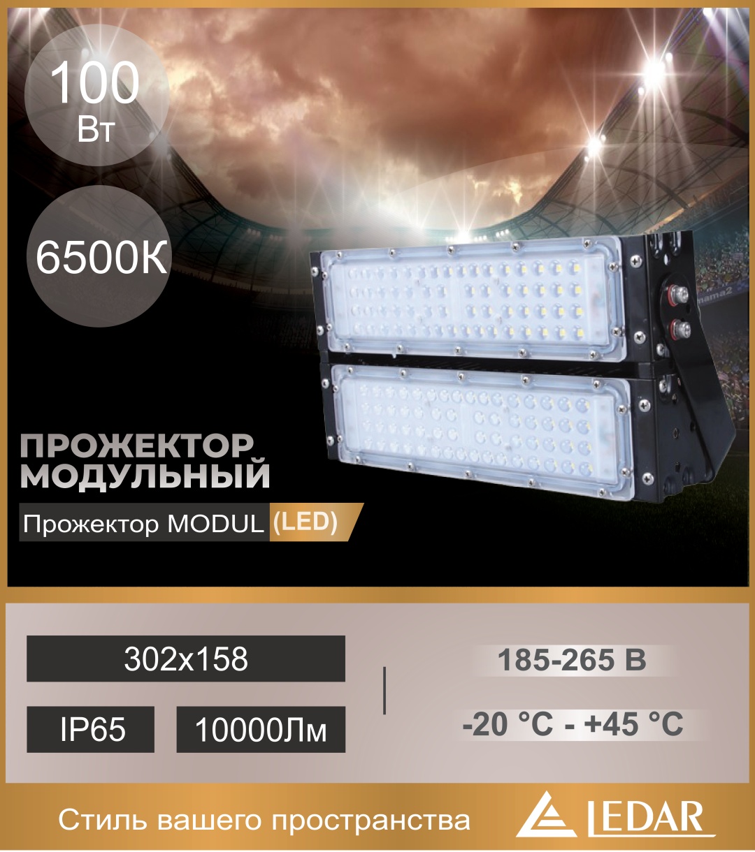 Прожектор на кронштейне LEDAR 100 Вт, холодный белый