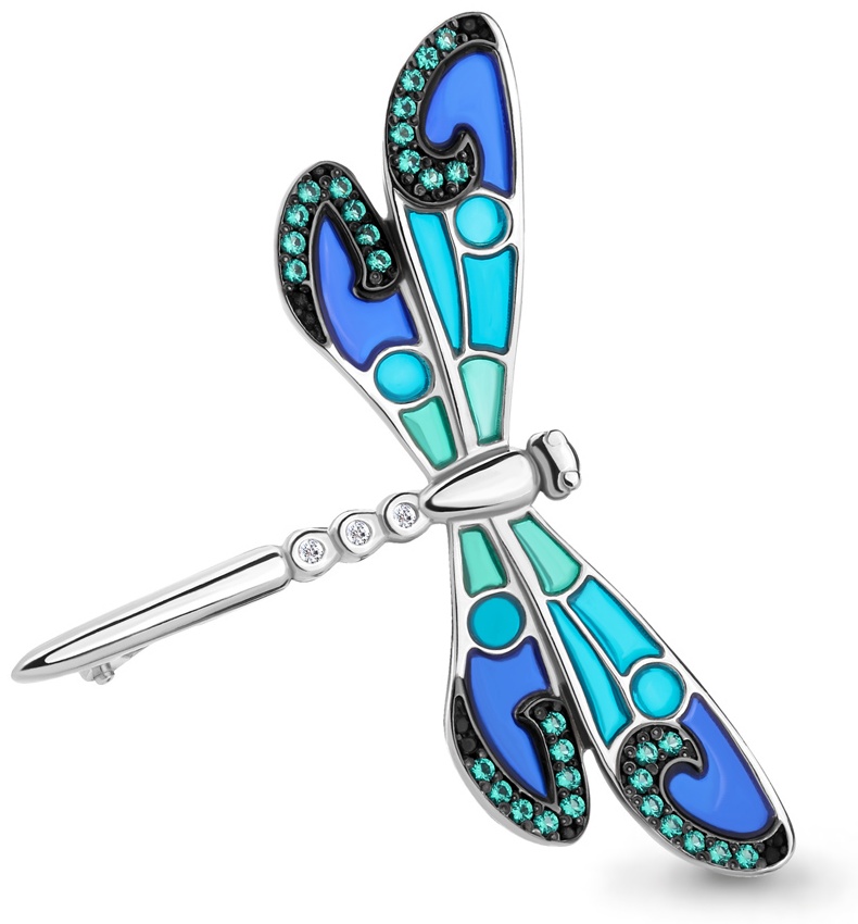 Брошь AQUAMARINE 72793АГ вес 3.2 г серебро, эмаль, наноизумруд, фианит