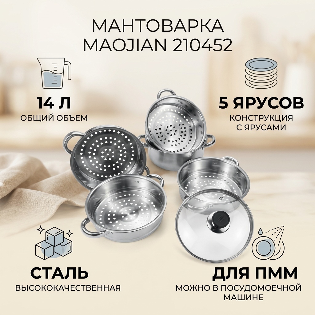 Мантоварка 14 л, Maojian сталь, количество ярусов: 5