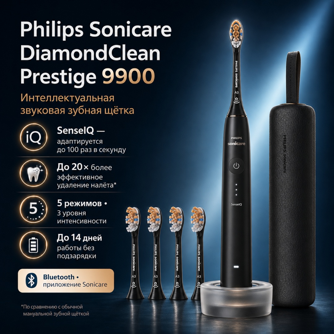 Philips звуковая щетка DiamondClean Prestige 9900 BD7001AZ щетина средняя черный