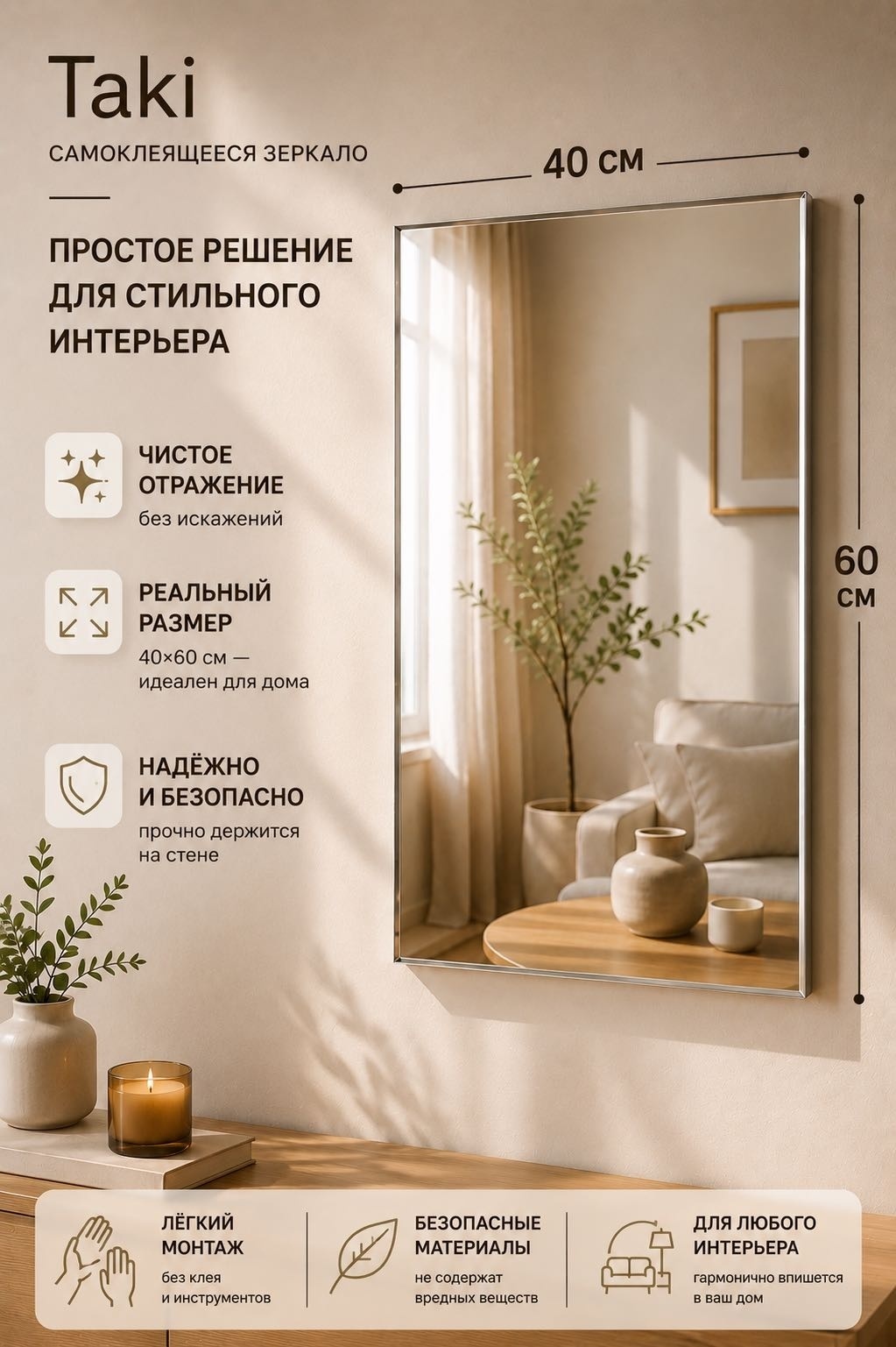 Зеркальная плитка настенное Taki 40x60 см