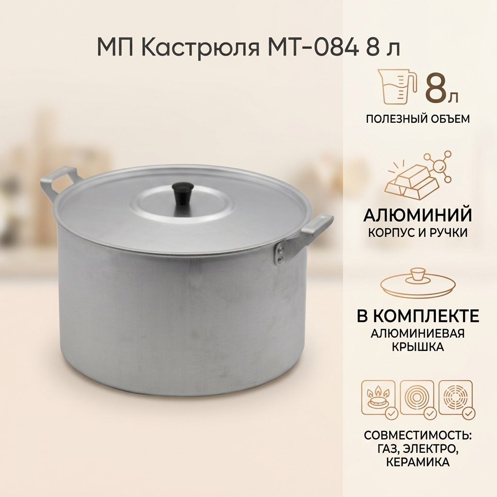 Кастрюля 8 л, МП МТ-084 алюминий