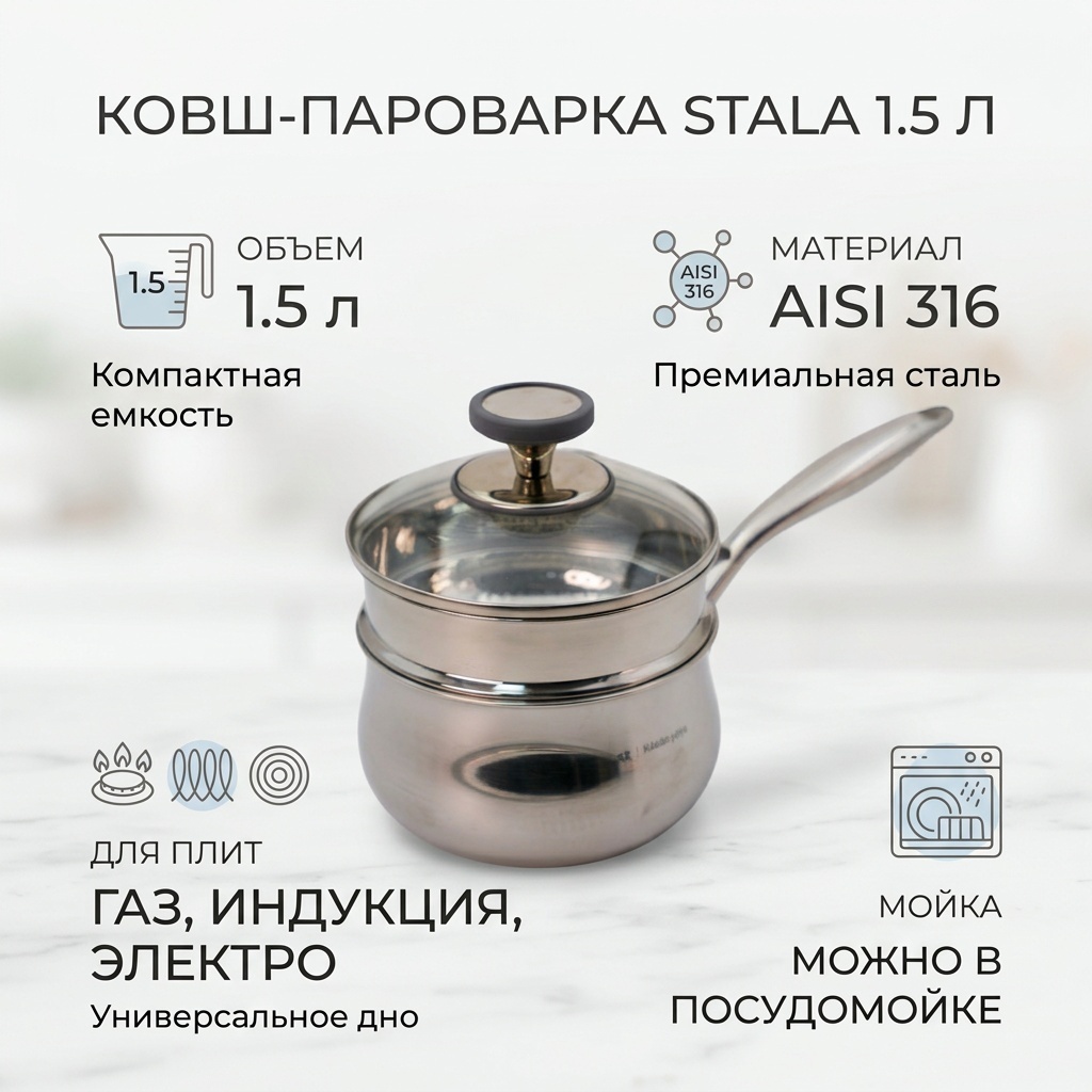 Ковш 1.5 л, Stala Пароварка нержавеющая сталь