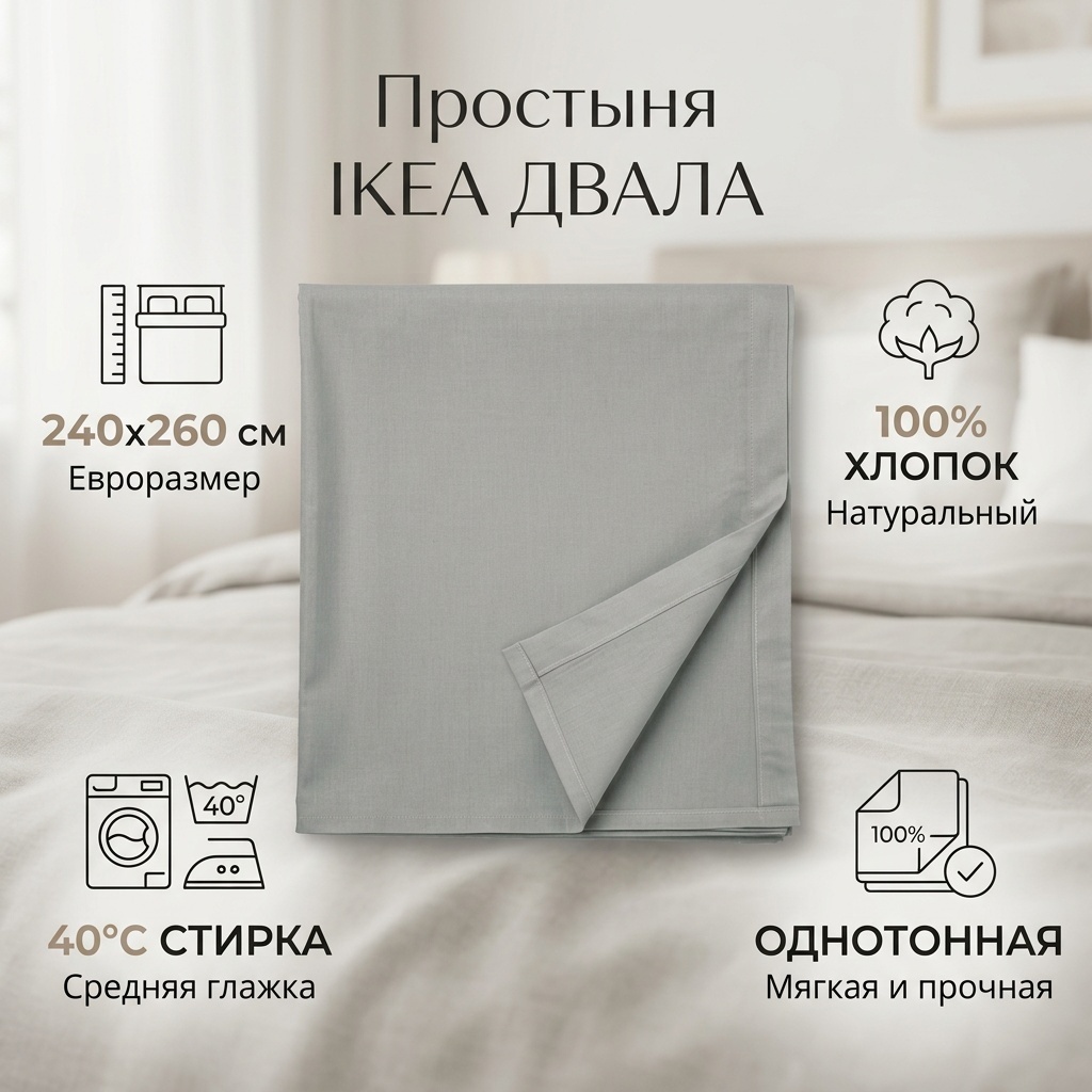 Простыня IKEA DVALA 240x260, хлопок