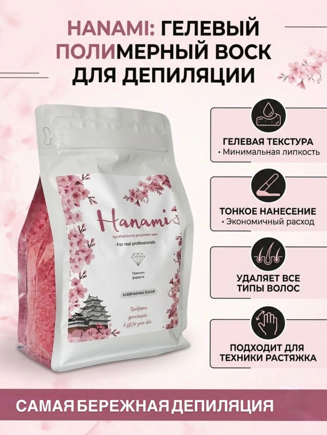 Воск гелевый Kudryashka Sugar Hanami премиальное качество плотность средняя в гранулах 500 г