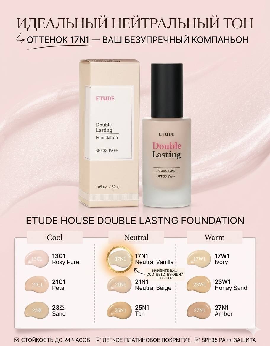 Etude House Double Lasting Foundation тональный крем 17N1 Neutral Vanilla 30 мл