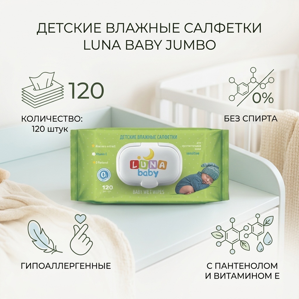 Влажные салфетки Luna Baby Jumbo 120 шт