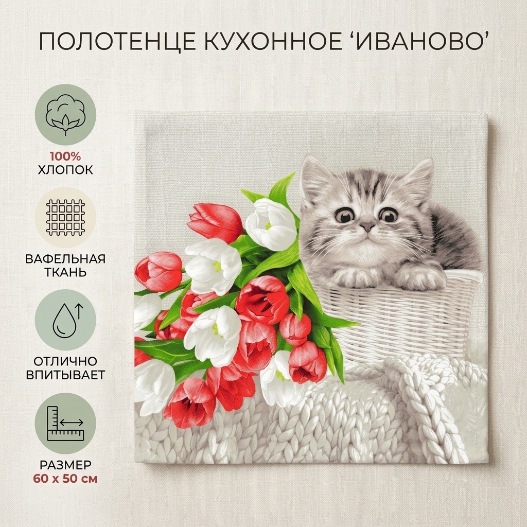 Полотенце 60x50 см, хлопок, ткань вафельная, 1 шт,