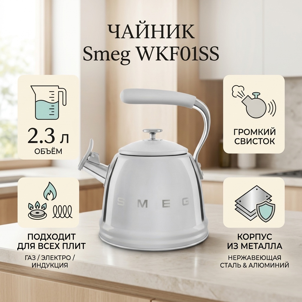 Smeg чайник WKF01SS 2.3 л, алюминий, нержавеющая сталь