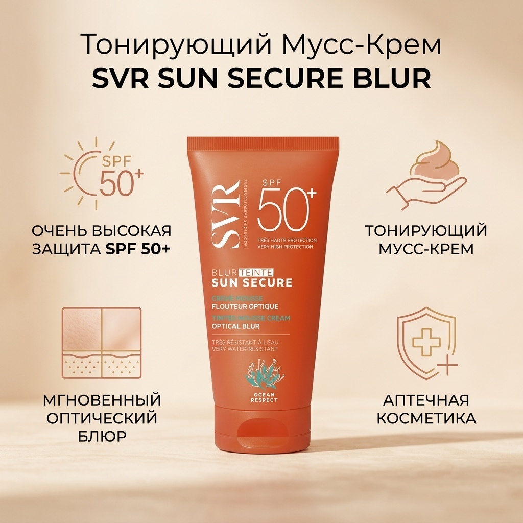 SVR мусс Sun Secure (Сансекьюр) 50 мл блюр мусс-крем солнцезащитный SPF 50 в оттенке "натуральный бежевый" (1029N17) для лица, для зоны декольте 50 мл