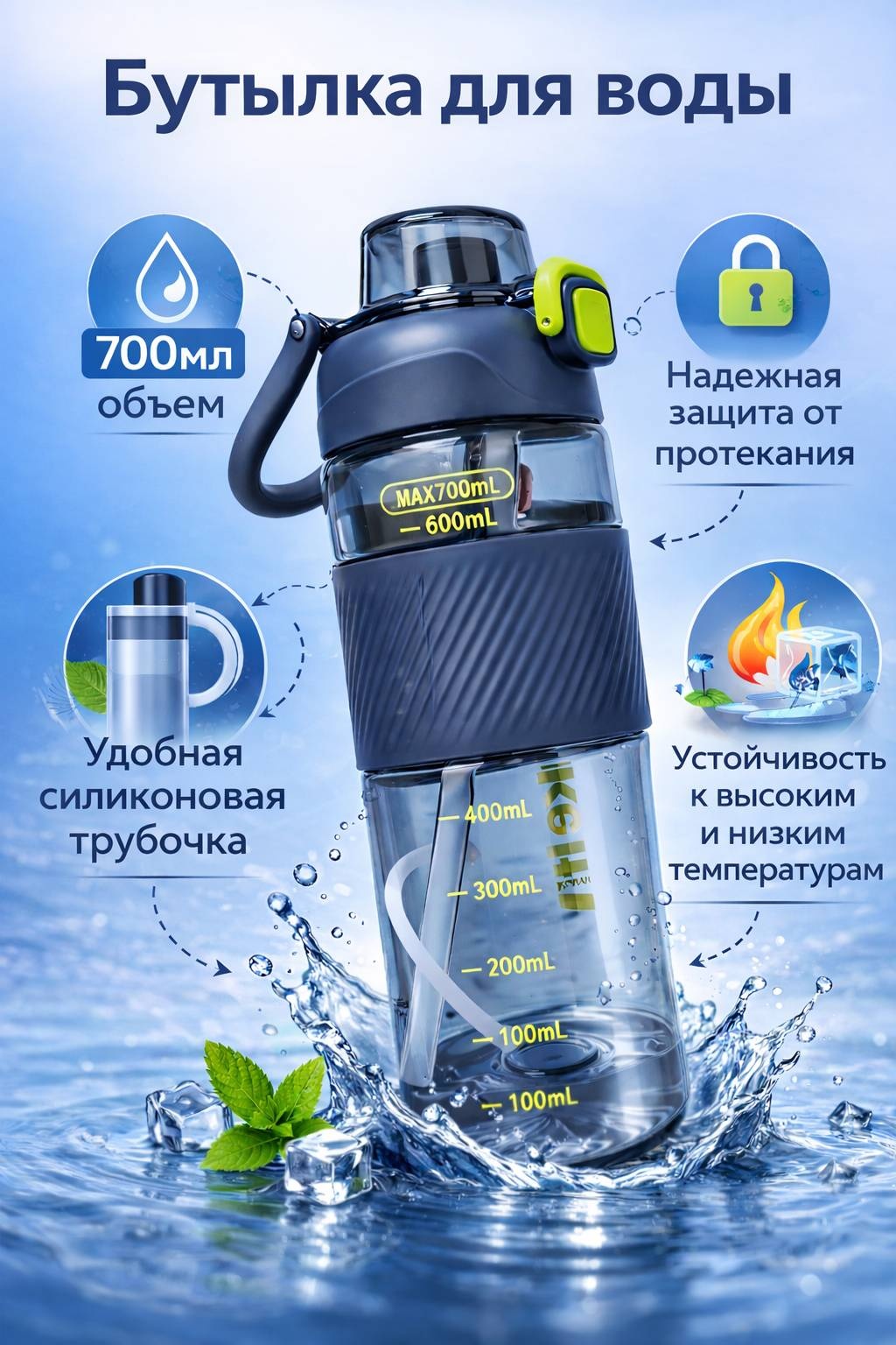 Бутылка 0.6 л серый, крышка с кнопкой, пластик, тритан