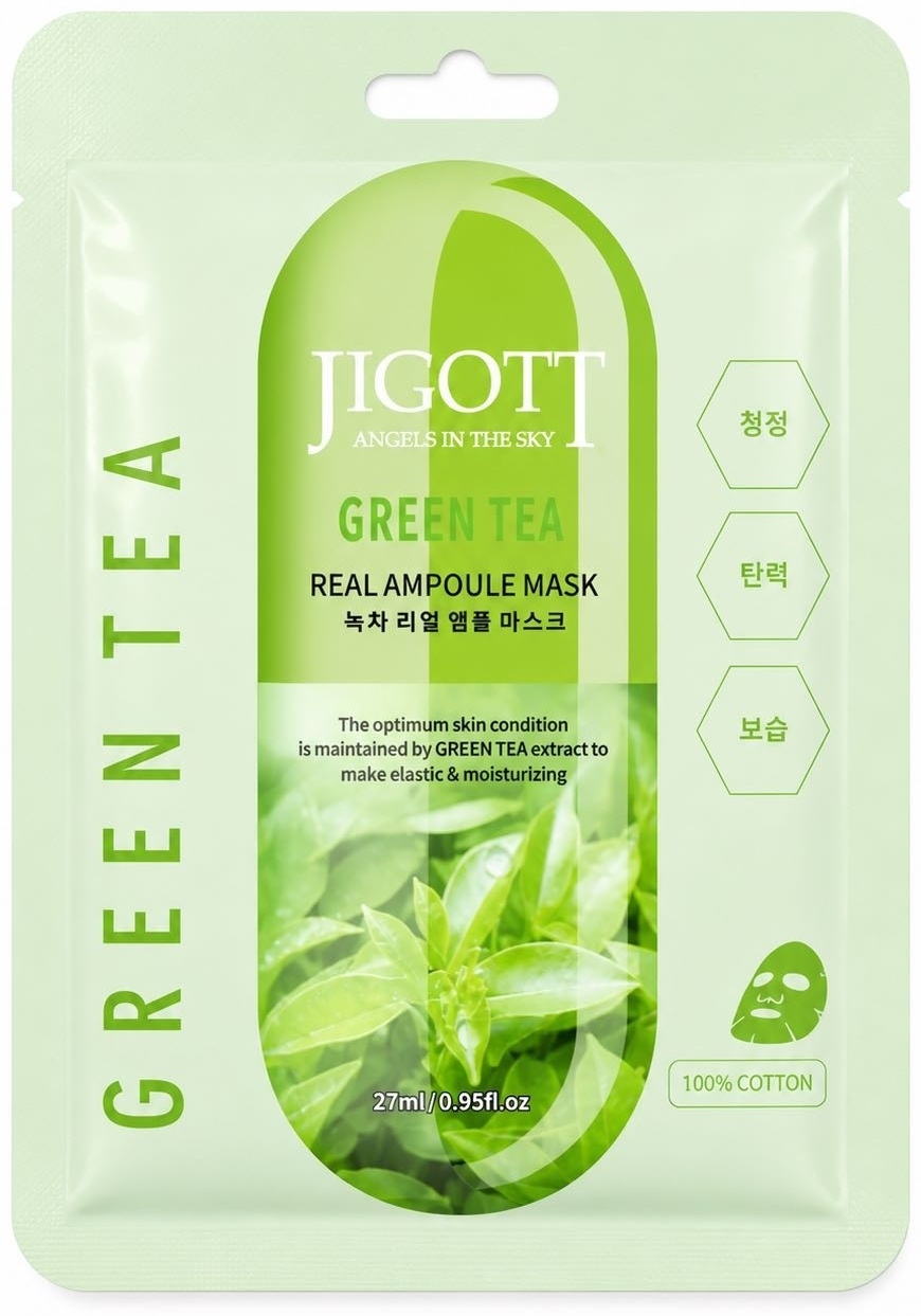 Маска для лица JIGOTT тканевая Green Tea ампульная защищает оксидативного стресса 10 шт