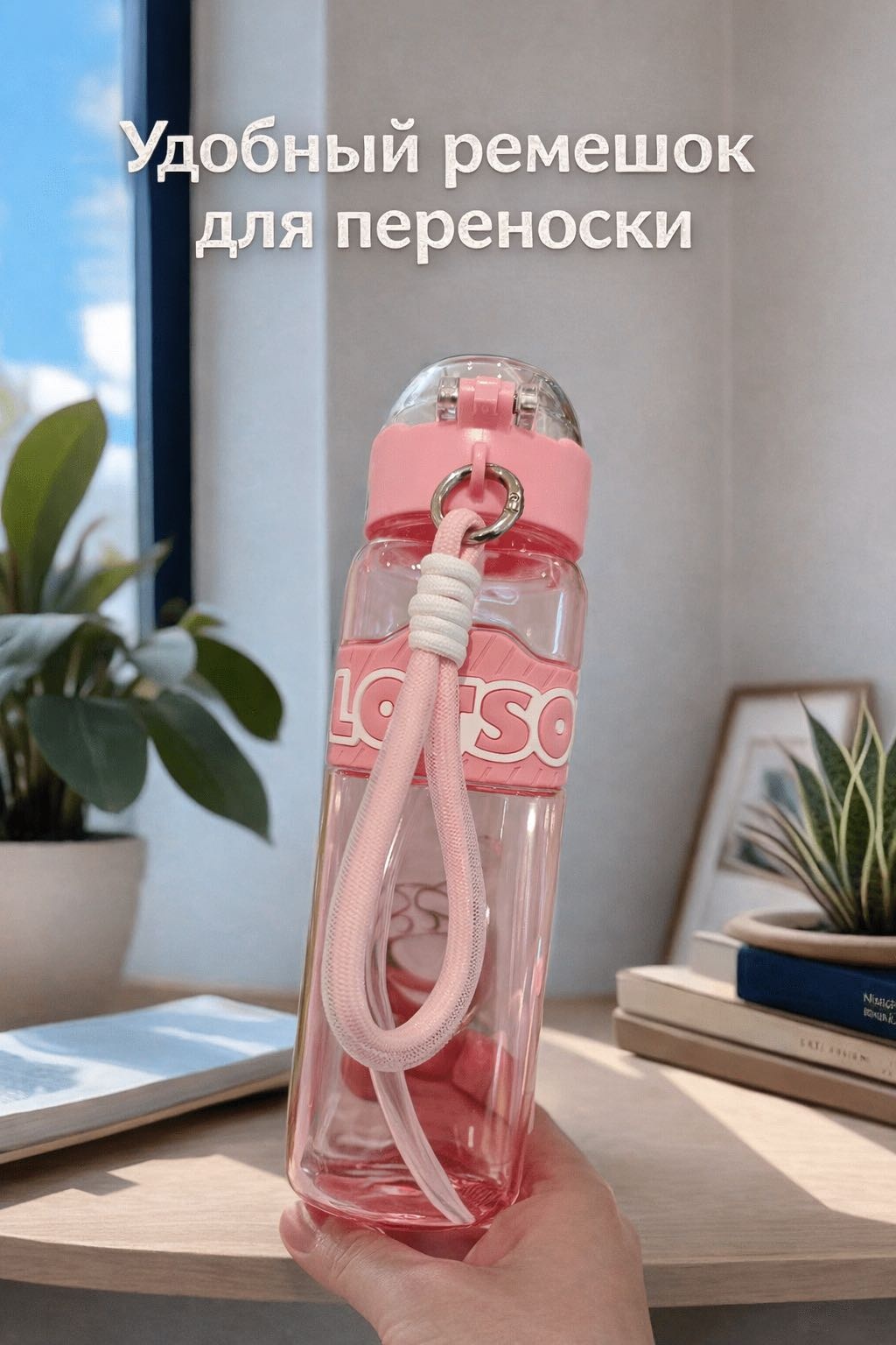 Бутылка 0.52 л розовый, крышка с трубочкой, пластик