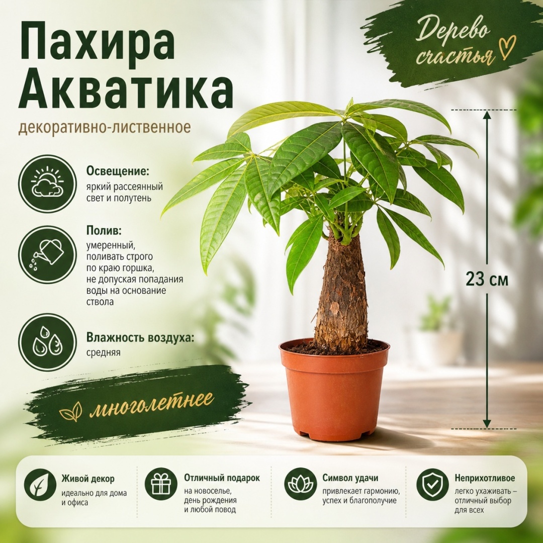 Растение настольное: пахира IVI акватика FLR26-4/90-25 многолетнее 23 см