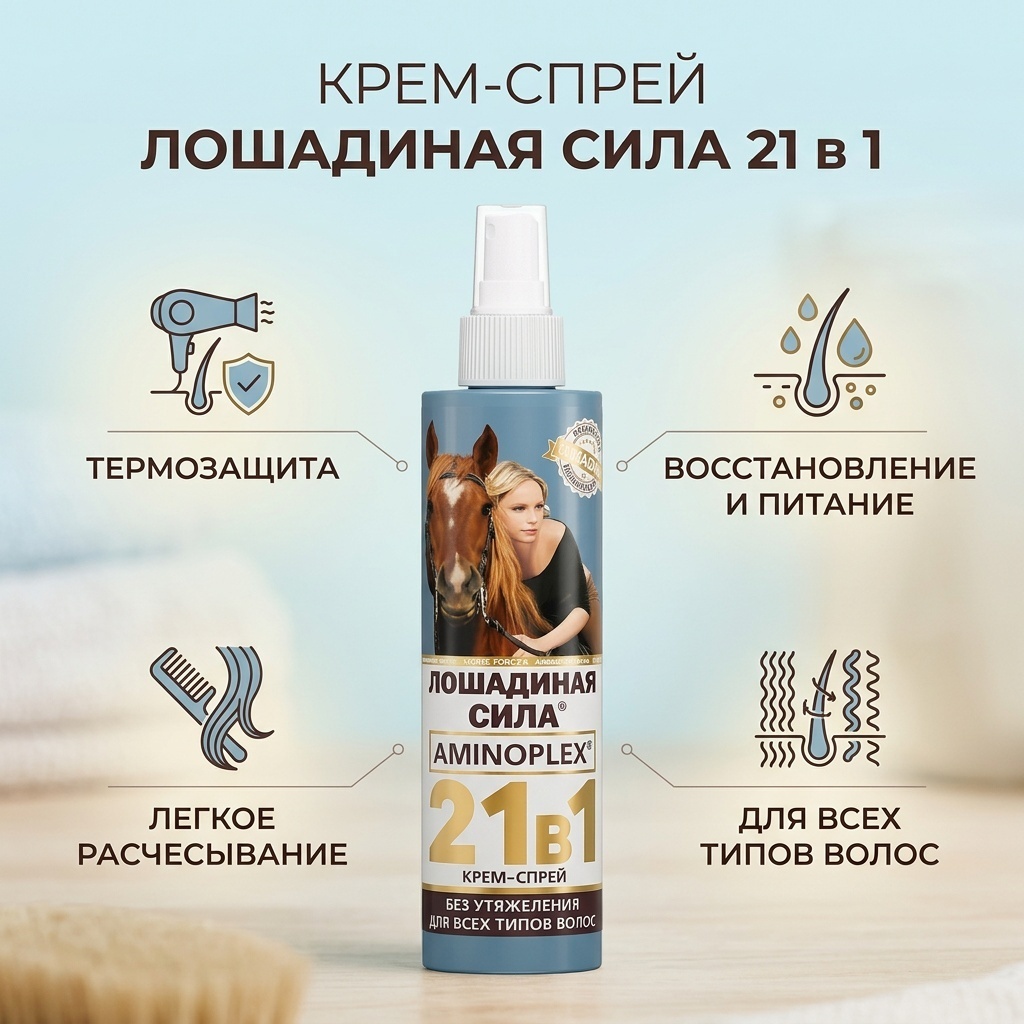 Лошадиная сила Крем-спрей для волос термозащитный SOS ЭЛИКСИР 21 в 1 250 мл крем 250 мл