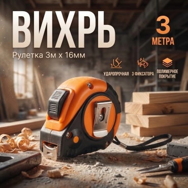ВИХРЬ рулетка бытовая, строительная 73/11/1/1, 3 м х 16 мм