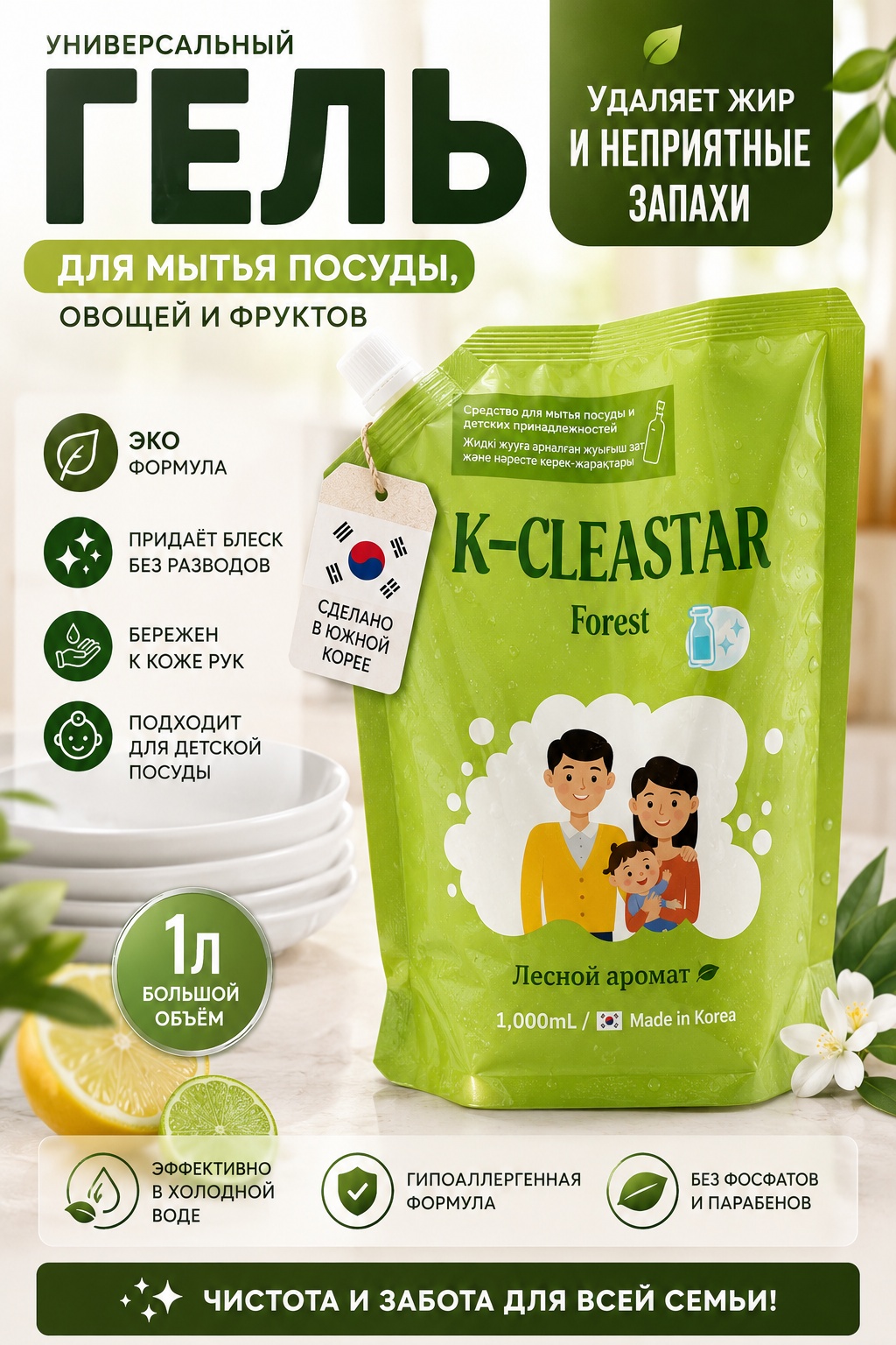 Жидкое Гель для мытья посуды K-CLEASTAR, антибактериальное гипоаллергенное средство лесной аромат 1л 1 л 1 кг