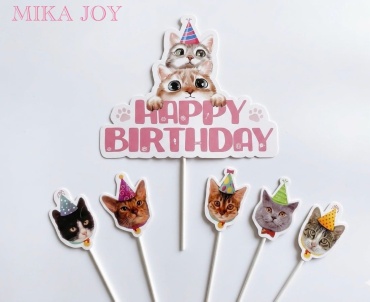 MIKA JOY Топпер на торт «Happy Birthday» с котиками топперы для торта 6 шт