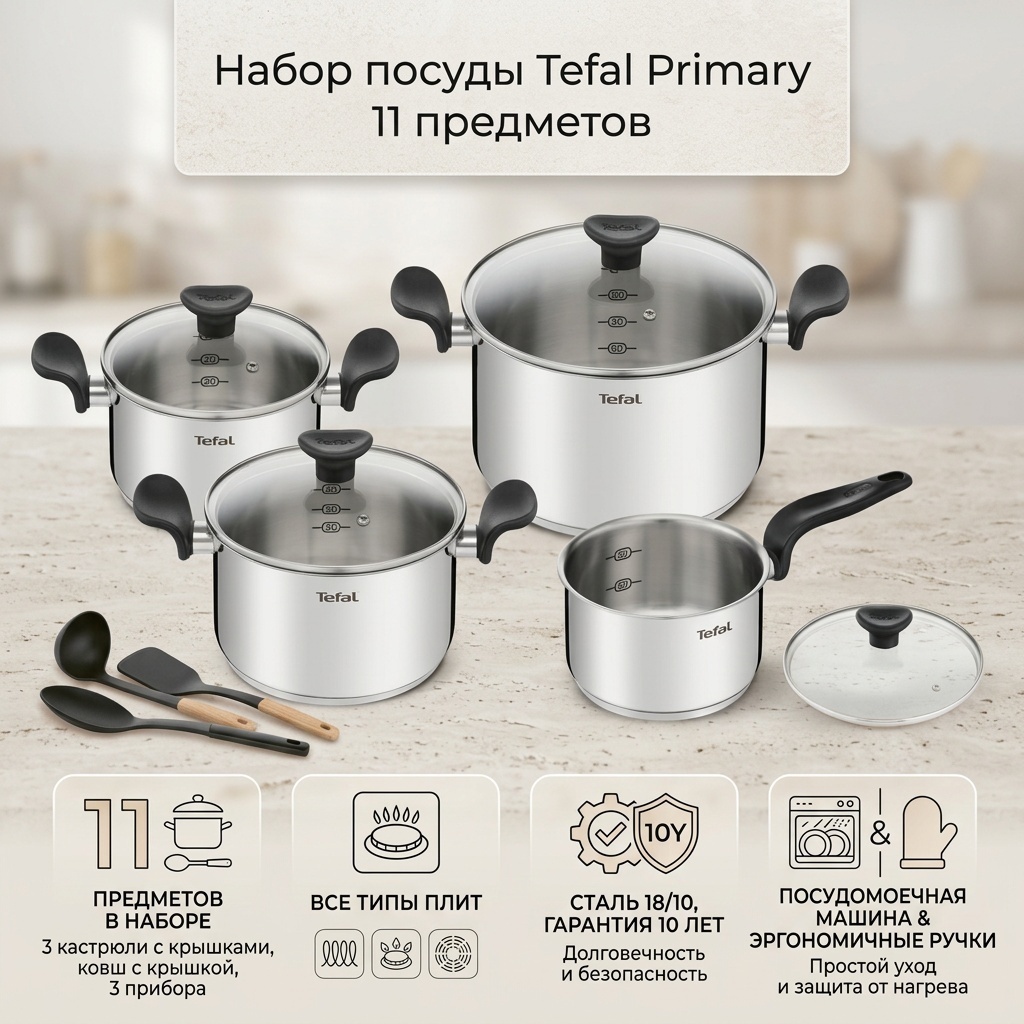 Набор посуды Tefal PRIMARY 11 предметов 16/18/20/24 см E308SB74