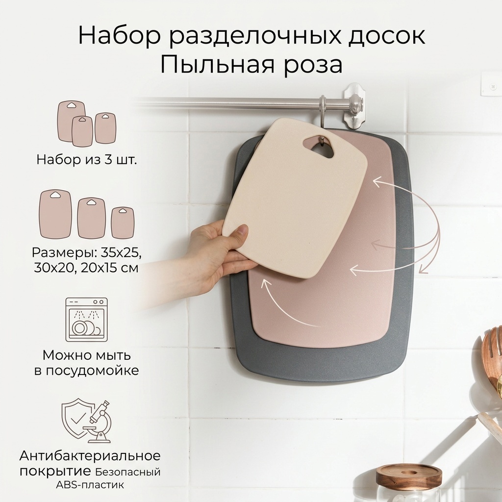 Набор разделочных досок Пыльная роза 3 шт, ABS-пластик