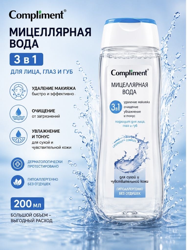 Compliment 3 в 1 мицеллярная вода 200 мл