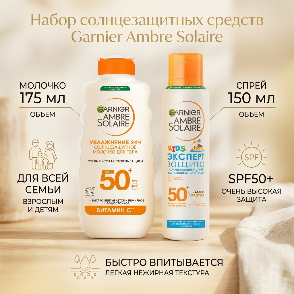 Garnier Ambre Solaire солнцезащитное молочко SPF50+ 175 мл + спрей Ambre Solaire детский SPF50+ 150 мл
