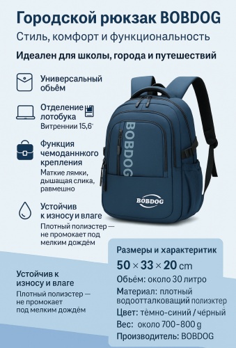 Рюкзак Bobdog полиэстер темно-синий