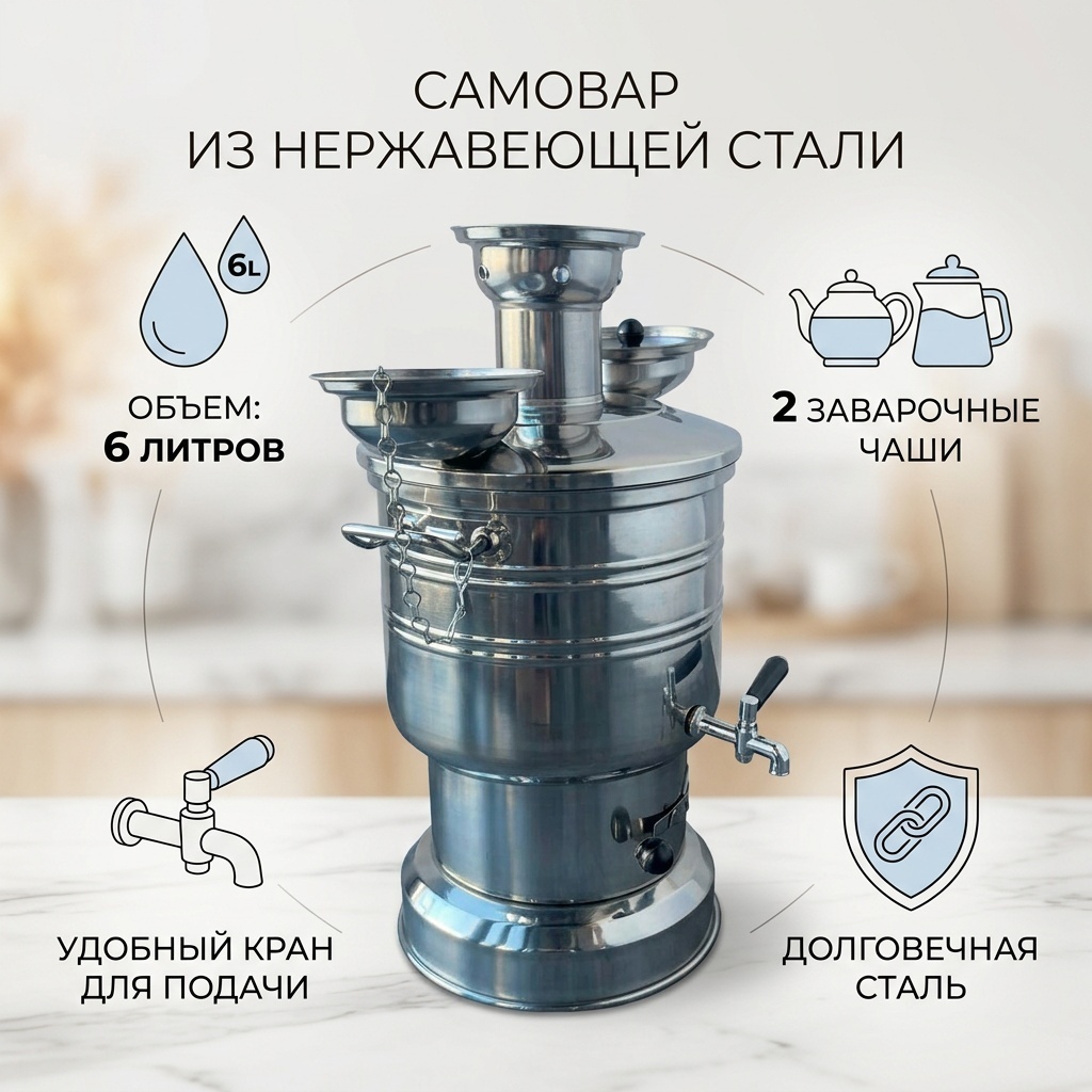 Самовар 991285 6 л, нержавеющая сталь