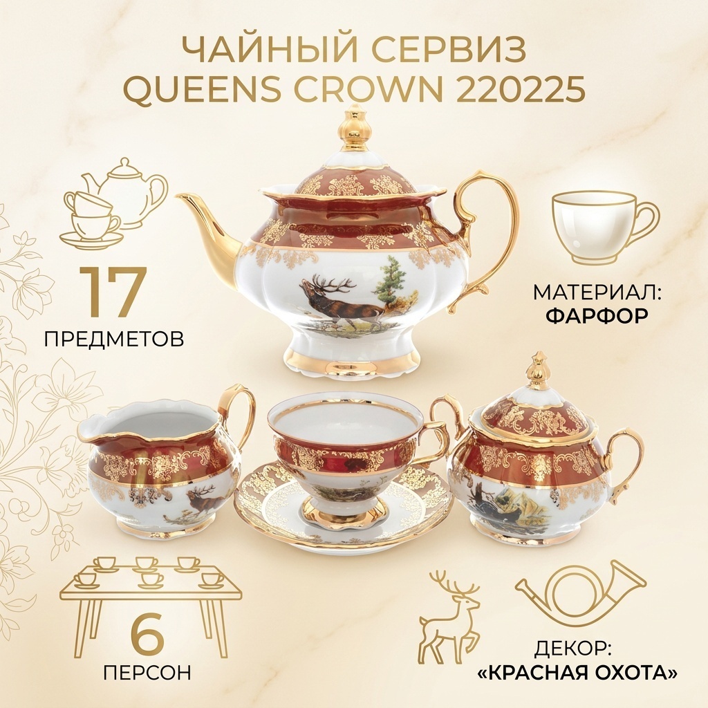 Сервиз на 6 персон Queens Crown Красная охота, предметов: 17, чайный, фарфор