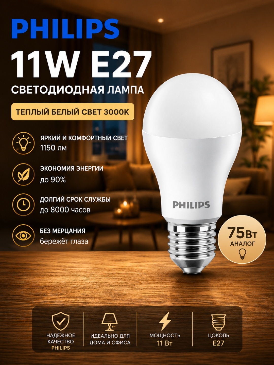 Philips 11W E27, светодиодная, теплый белый