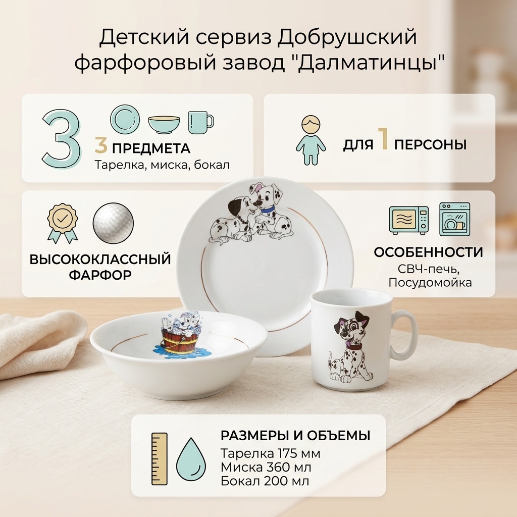 Сервиз на 1 персону Добрушский фарфоровый завод Далматинцы, предметов: 3, детский, фарфор