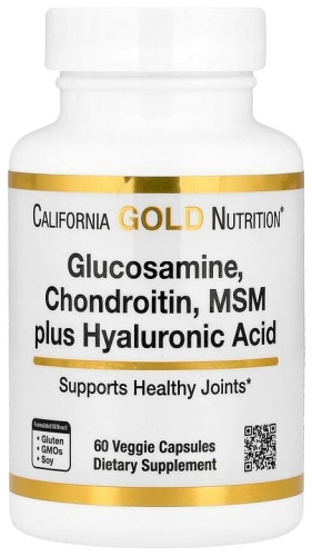 Препарат для укрепления связок и суставов California Gold Nutrition глюкозамин, хондроитин и МСМ с гиалуроновой кислотой, 60 растительных капсул
