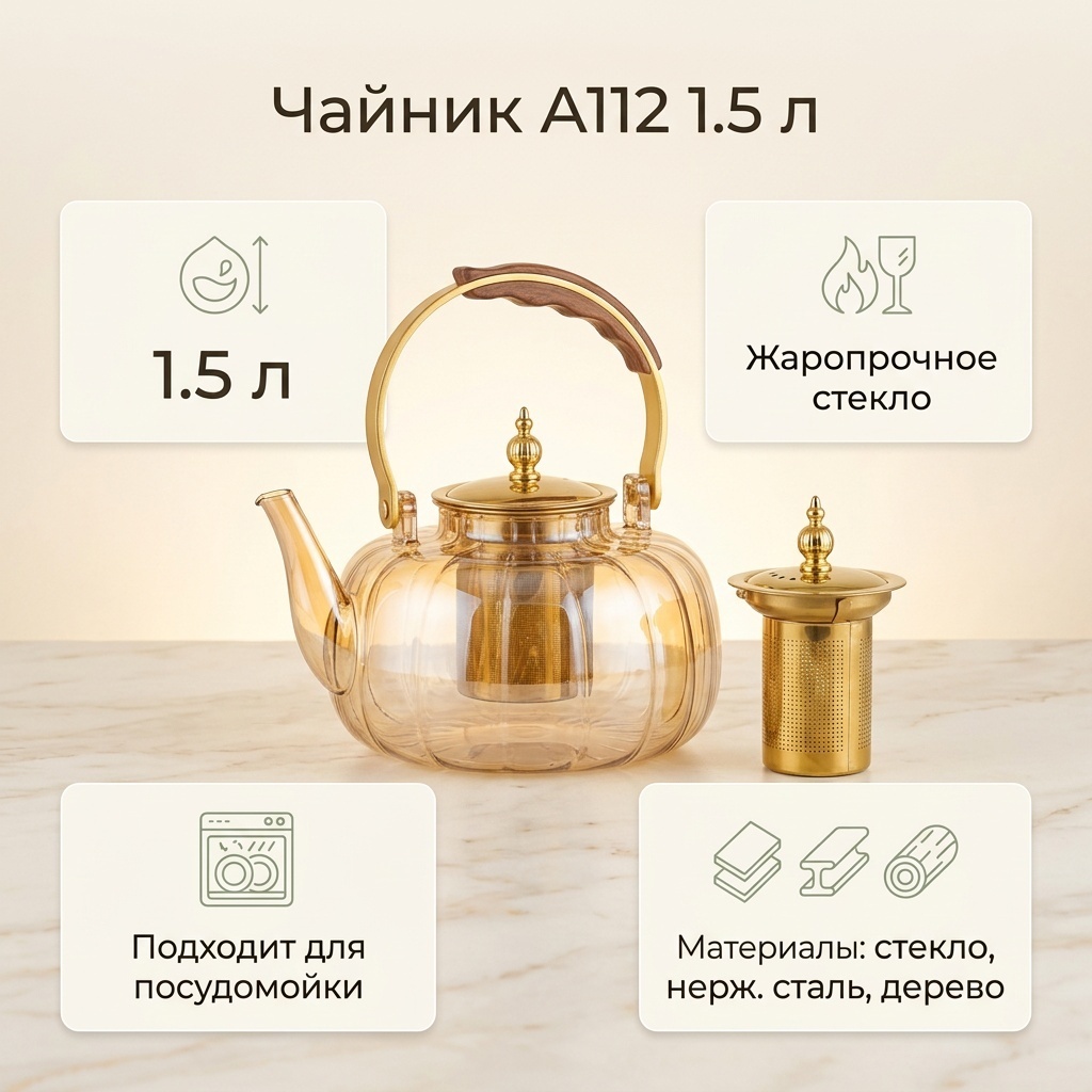Чайник А112 1.5 л, стекло, нержавеющая сталь, дерево