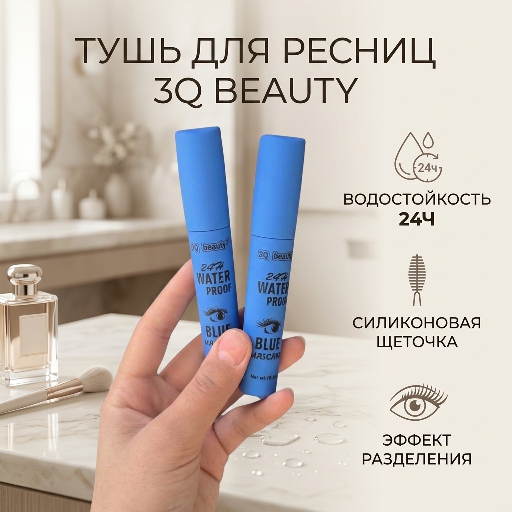 Тушь для ресниц 3Q Beauty 24H Waterprof для объема голубой