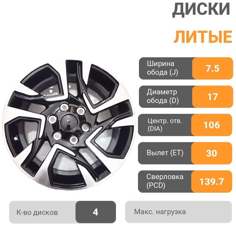 Toyota 519744 7.5x17/6x139.7 D106.1 ET30 4 диска черный, серебристый