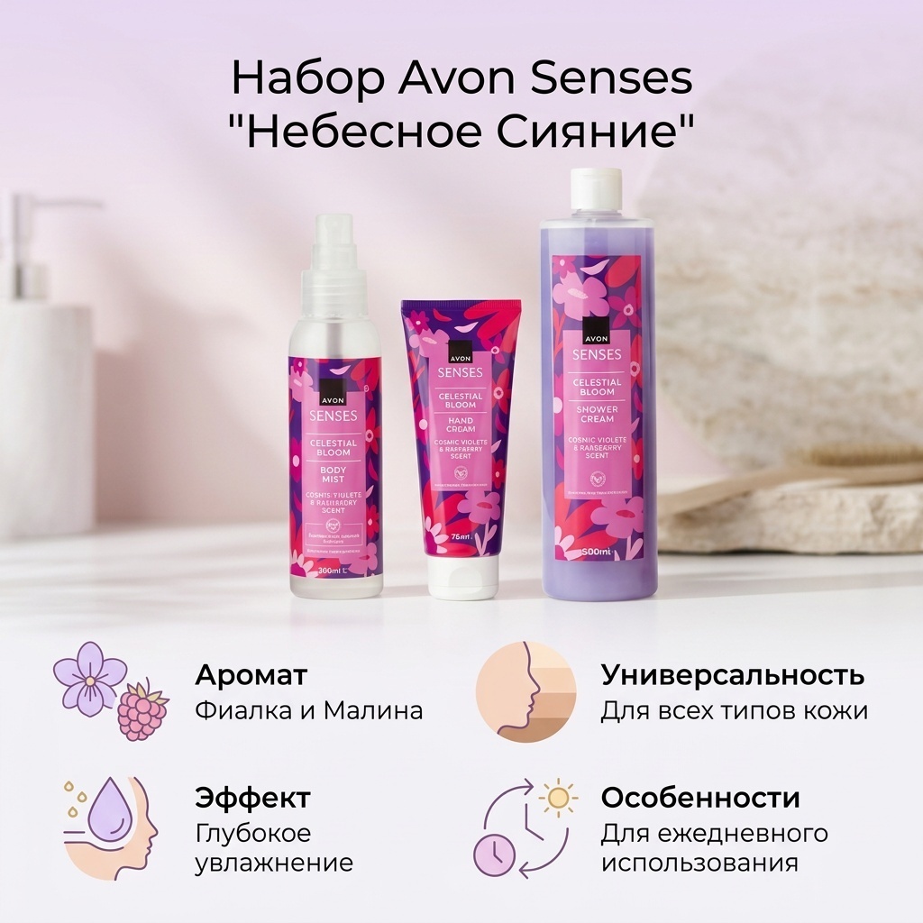 Avon Гель для душа 500 мл, крем для рук 75 мл, освежающий лосьон-спрей для тела 100 мл гель 675 мл