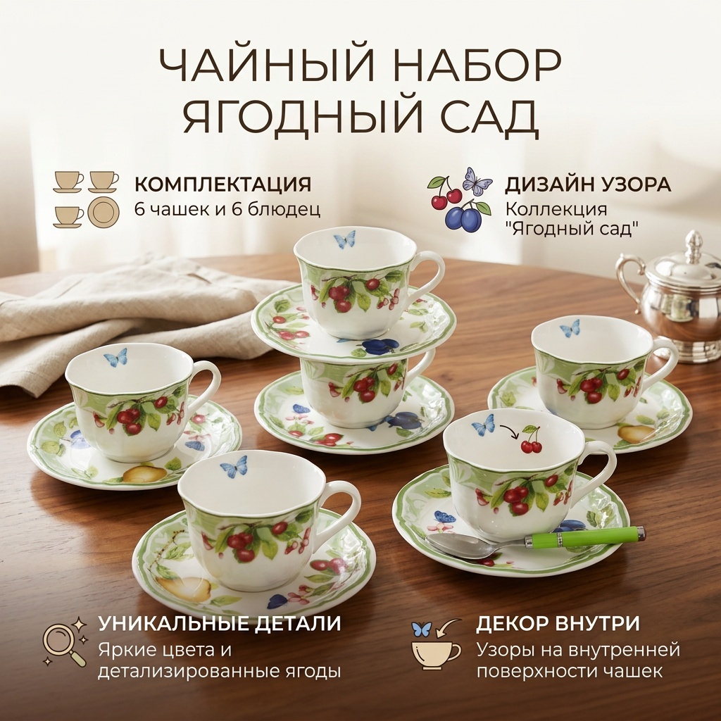 Сервиз на 6 персон Ягодный сад, предметов: 12, чайный, фарфор