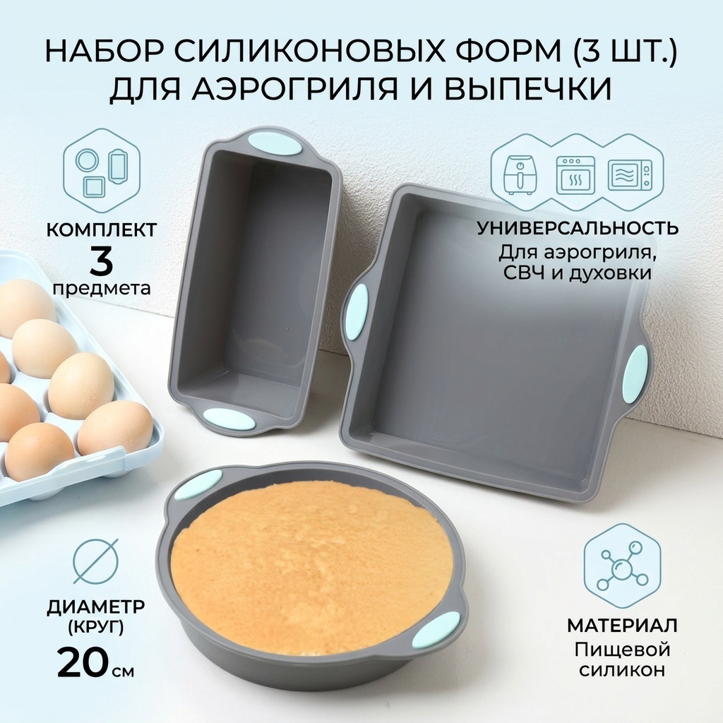 Форма для выпечки, для запекания, для пиццы, для хлеба, для кексов, для круассанов силикон, 3 шт