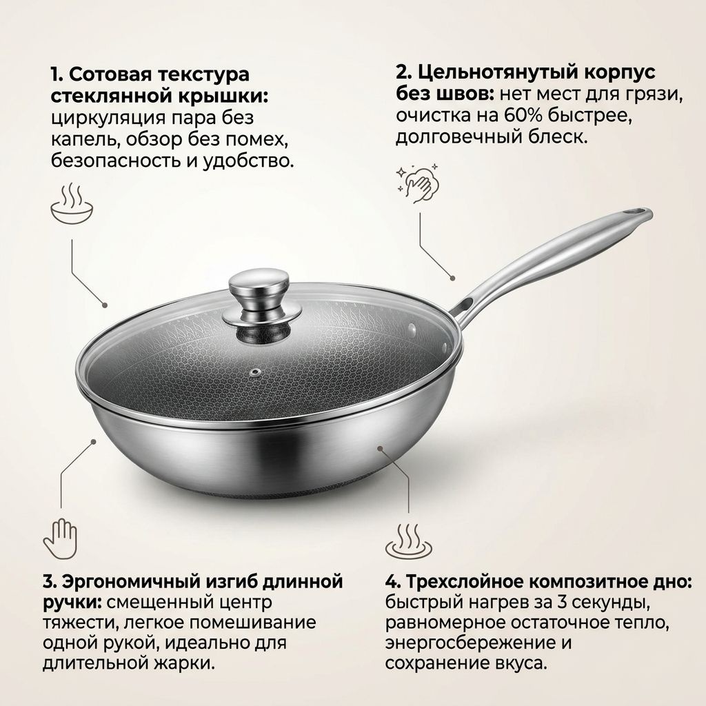 Вок New Life Сковородка из нержавеющей стали NEW LIFE, 32 см 32 см с антипригарным покрытием, нержавеющая сталь