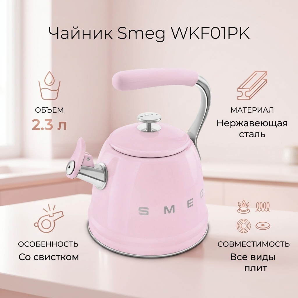 Smeg чайник WKF01PK 2.3 л, нержавеющая сталь