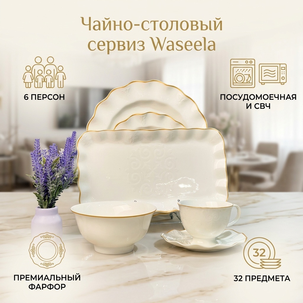 Сервиз на 6 персон WASEELA золотой ободок, предметов: 32, чайно-столовый, фарфор