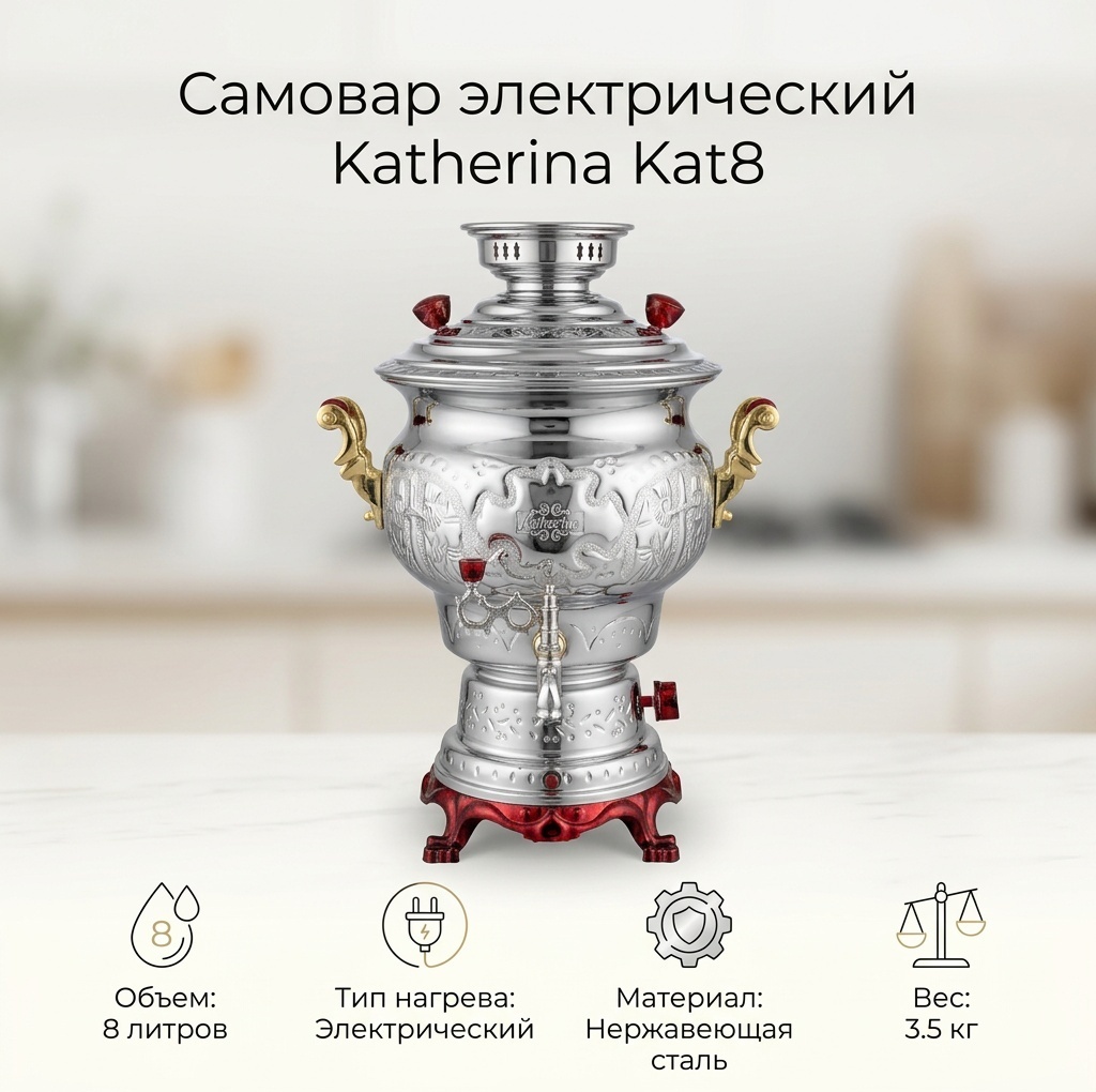 Katherina самовар Kat8 8 л, нержавеющая сталь, латунь