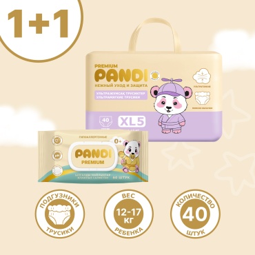 Подгузники-трусики Pandi Premium + влажные салфетки XL, 5, 40 шт