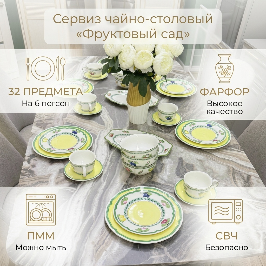 Сервиз на 6 персон Фруктовый сад, предметов: 32, чайно-столовый, фарфор