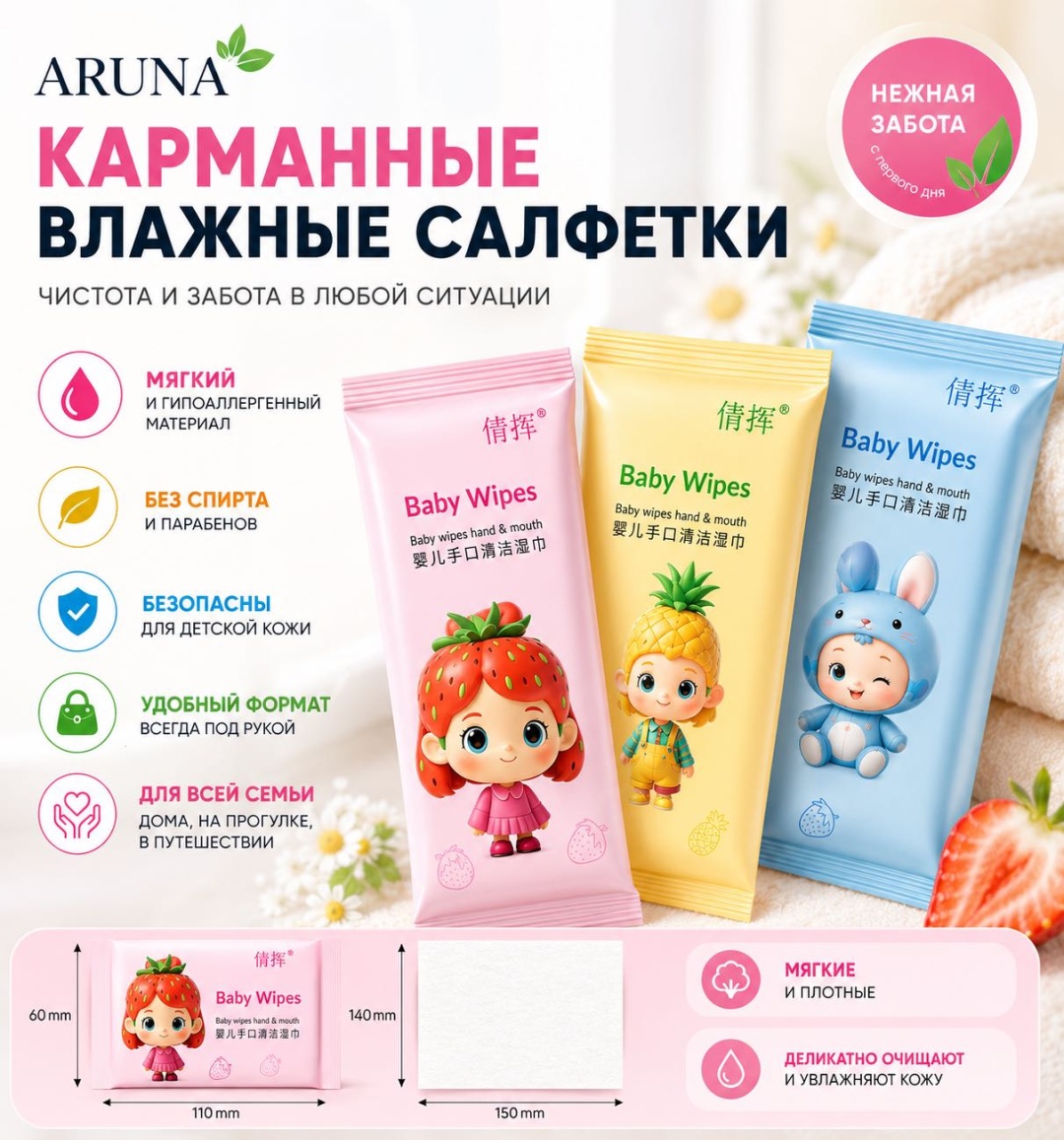 Детские влажные салфетки Baby Wipes 3 шт