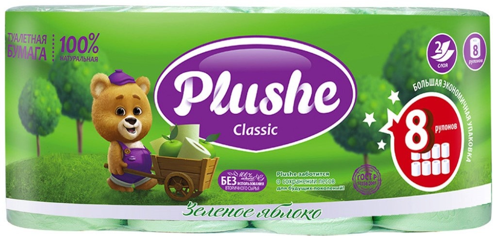 Plushe туалетная бумага 2-слойный 8 шт, первичная целлюлоза