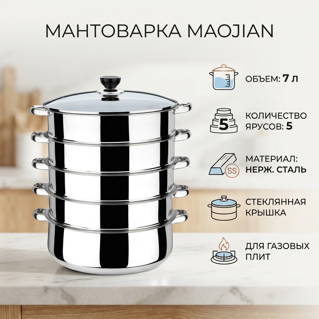 Мантоварка 7 л, Maojian нержавеющая сталь, количество ярусов: 5