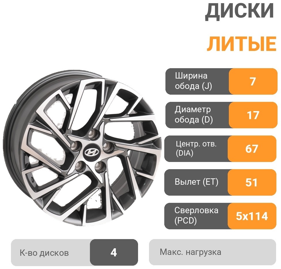 Kipardo H3318F 7x17/5x114.3 D67.1 ET51 4 диска черный, серебристый